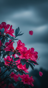 Dramatic Close-up of Vibrant Pink Azalea Flowers Against a Moody Dark Blue-Gray Sky