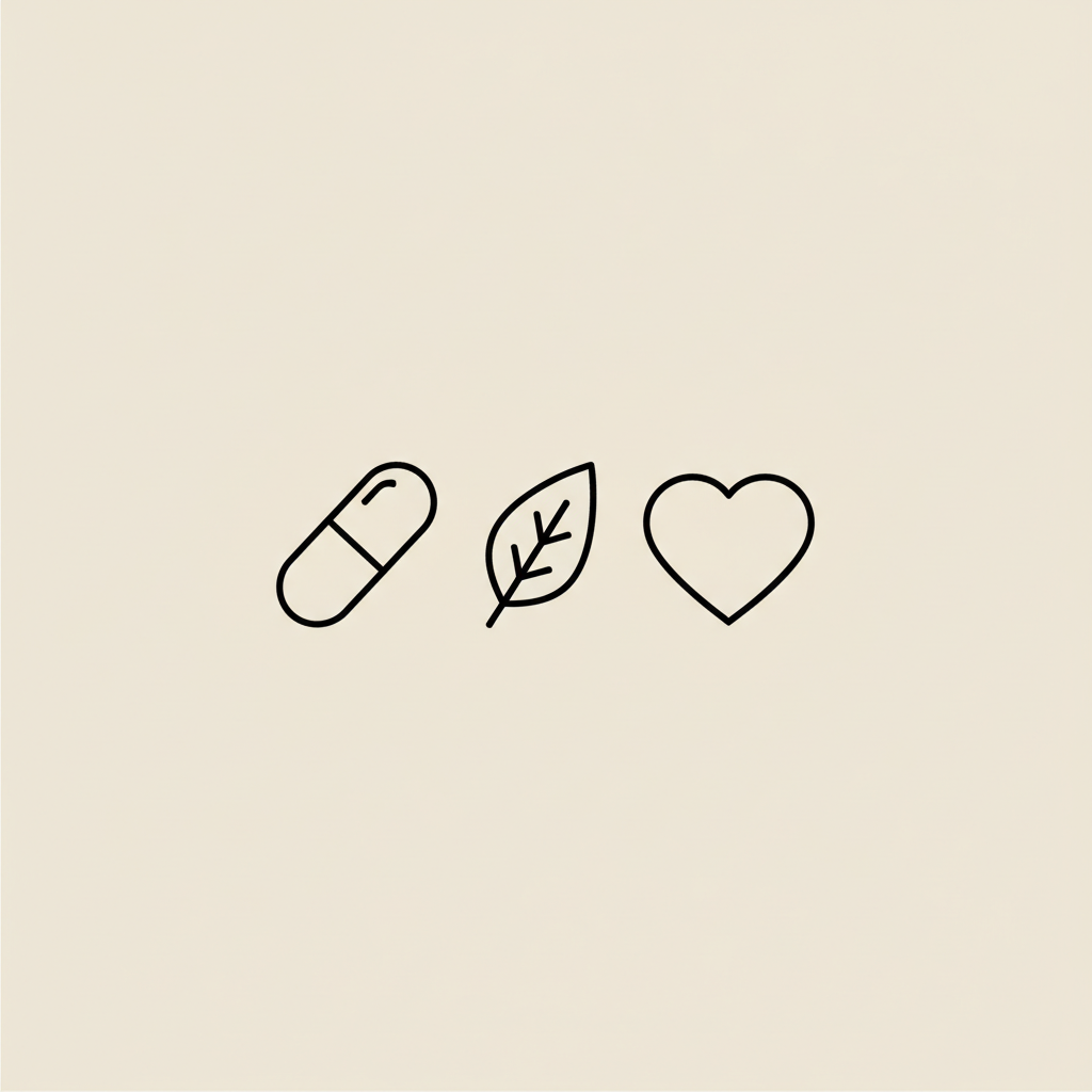 Minimalist Tonum-style line illustration of a centered capsule, small leaf, and heart trio representing thermogenics and healthy weight management.