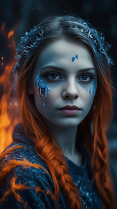 Woman with Icy Blue Markings and Fiery Red Hair