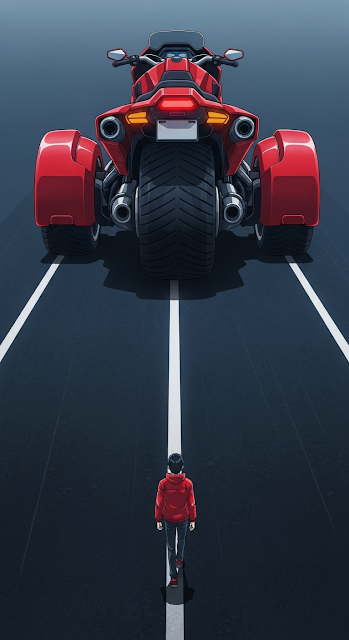 Anime Character Walking Away from Huge Red Futuristic Motorcycle Illustration