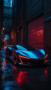 Futuristic Sports Car in Neon Alley at Night