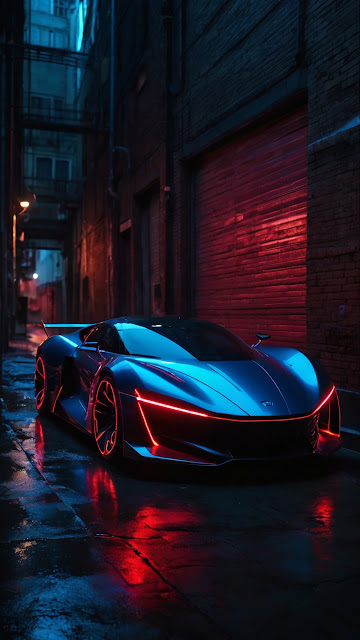 Futuristic Sports Car in Neon Alley at Night - Free mobile Wallpaper