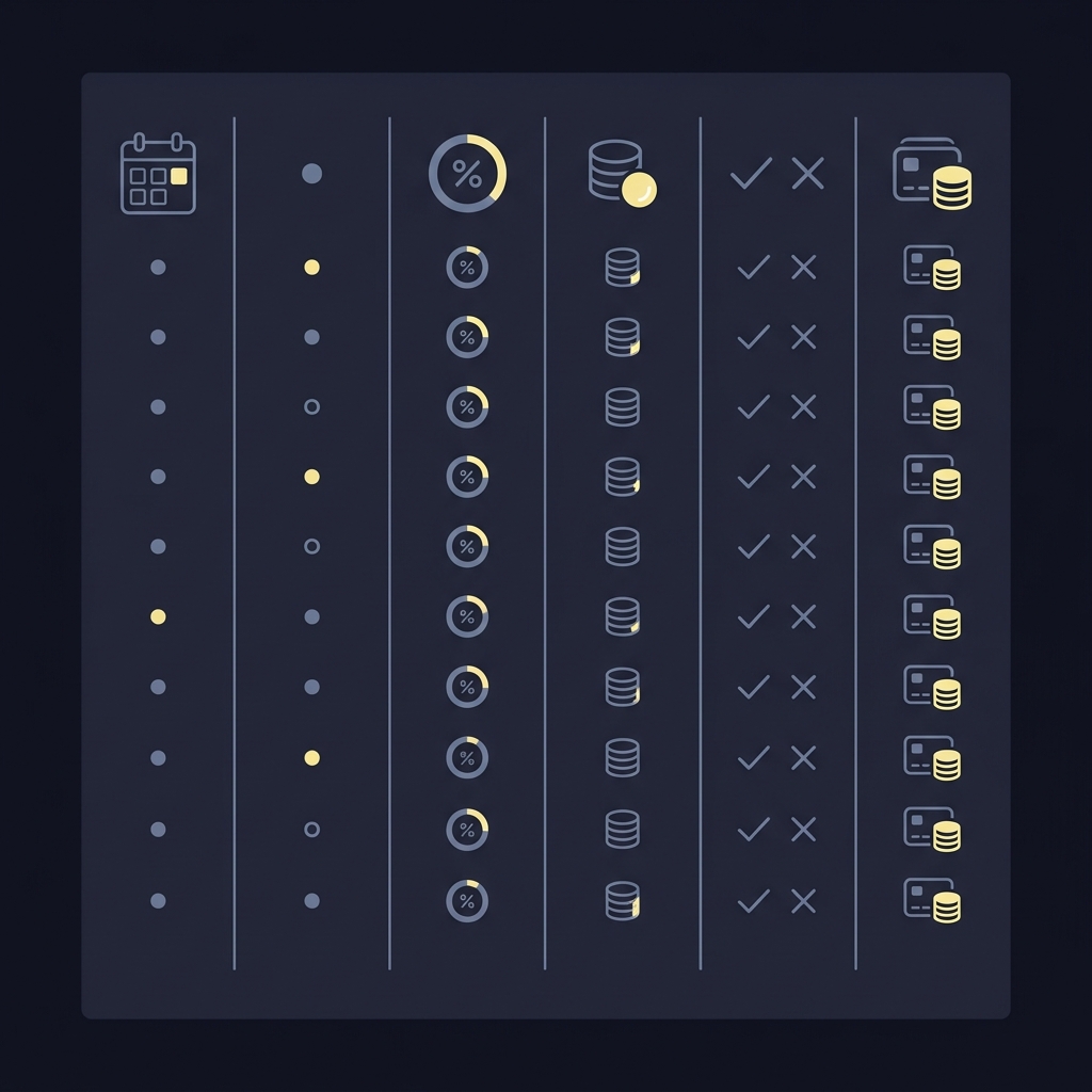 FundedPlays for Beginners: A Complete Walkthrough close up 2D vector tracking sheet with six minimalist column icons for date event probability stake result running balance on dark brand colored background