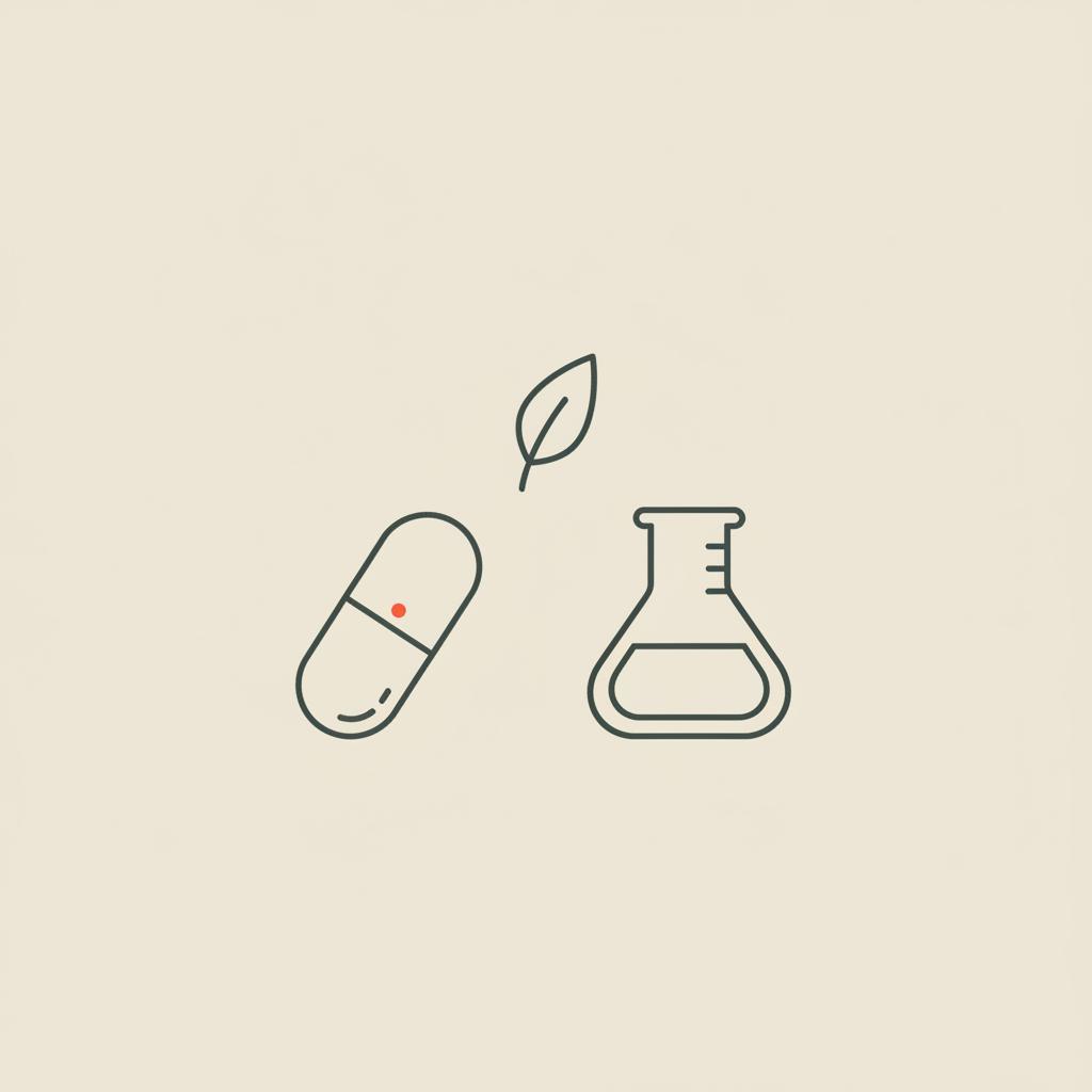 Minimal Tonum-style vector line illustration of a capsule, leaf, and lab beaker on beige background — does golo release work to lose weight