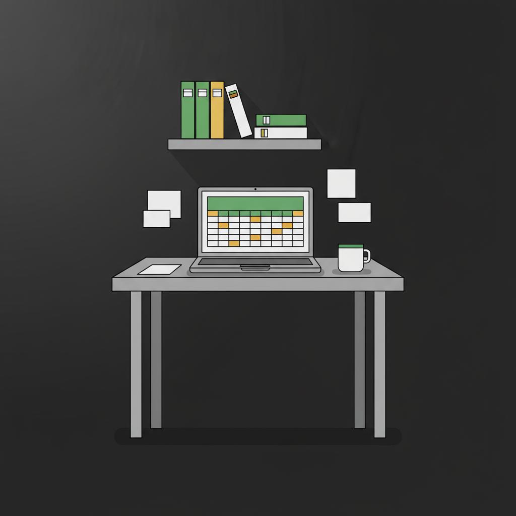 Minimalist 2D vector home office corner with laptop displaying a simple budget spreadsheet coffee cup and small shelf with finance books in brand green and gold how to become a millionaire