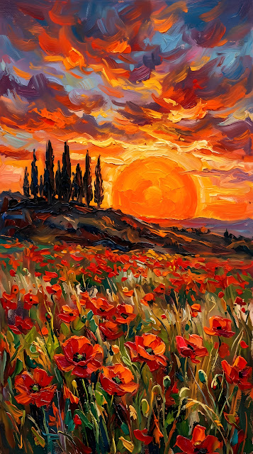 Impressionist Painting of a Red Poppy Field with Cypress Trees at Sunset - Free mobile Wallpaper