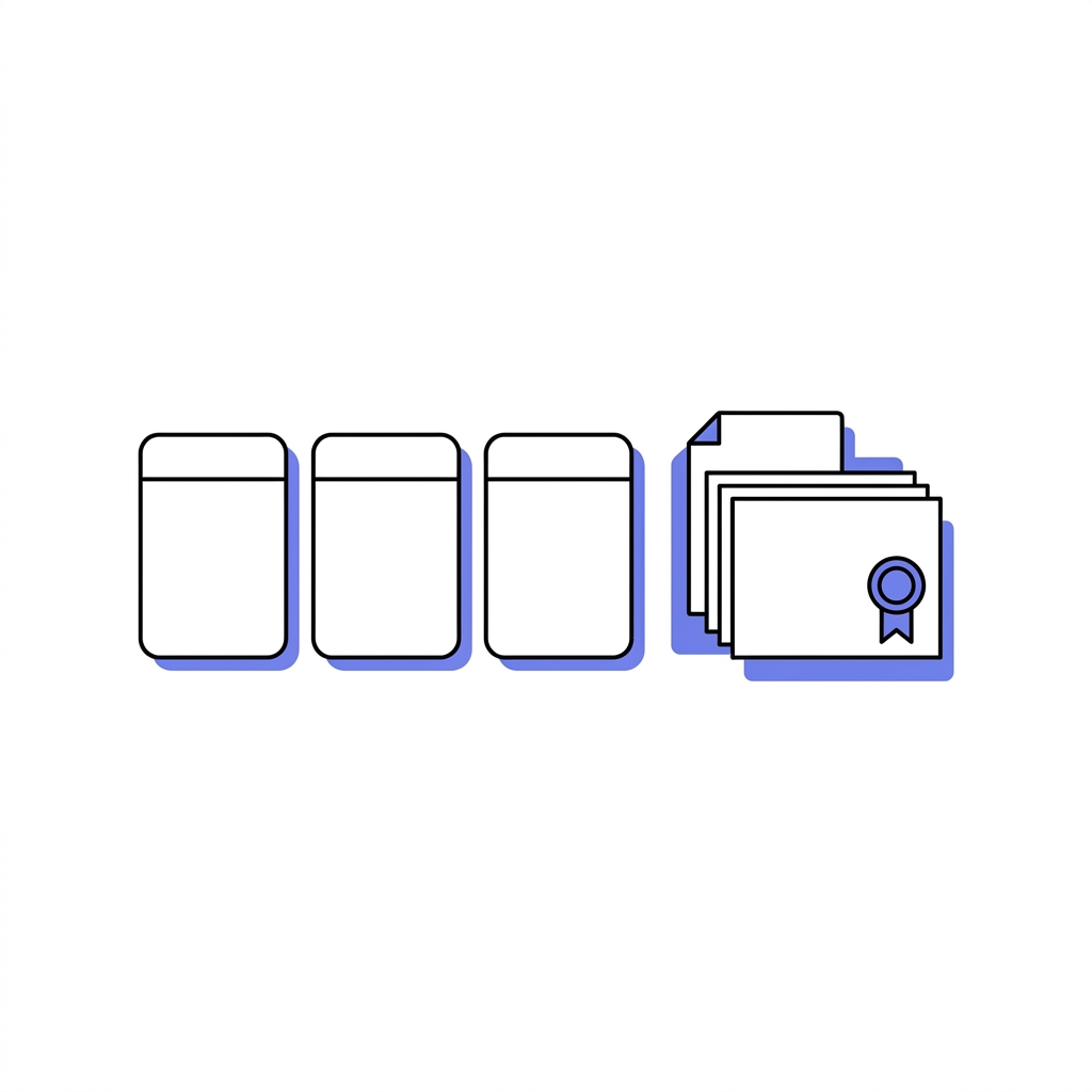 Minimal 2D vector illustration of boxed research compounds with accompanying certificate and document stack in Peptide World colors highlighting peptides documentation focus, no text or logos