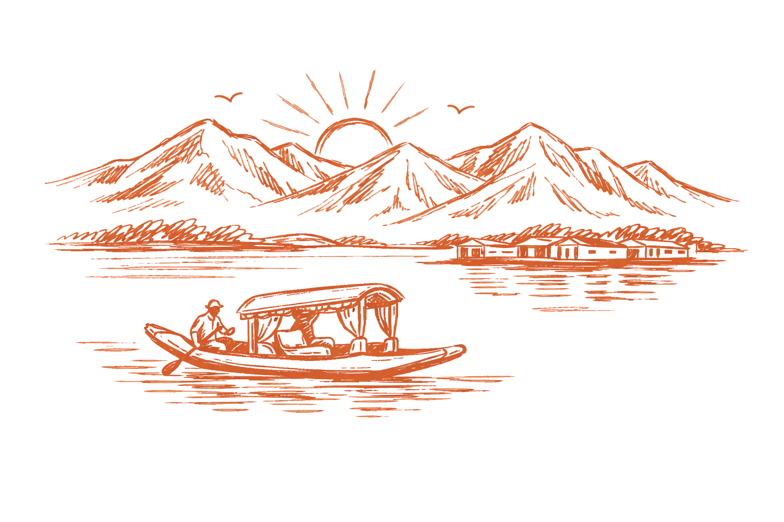 Kashmir Dal Lake — mountains, shikara, sunset sketch