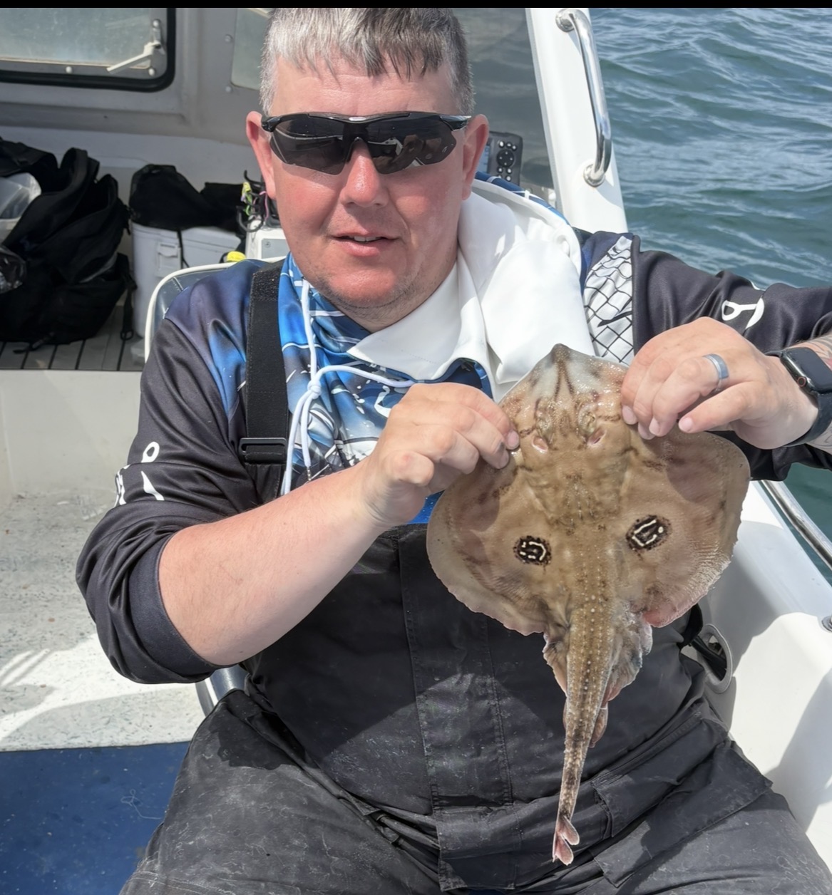 John Heenan with a Cuckoo Ray caught on crab bait at the MOGSAF Tope Event