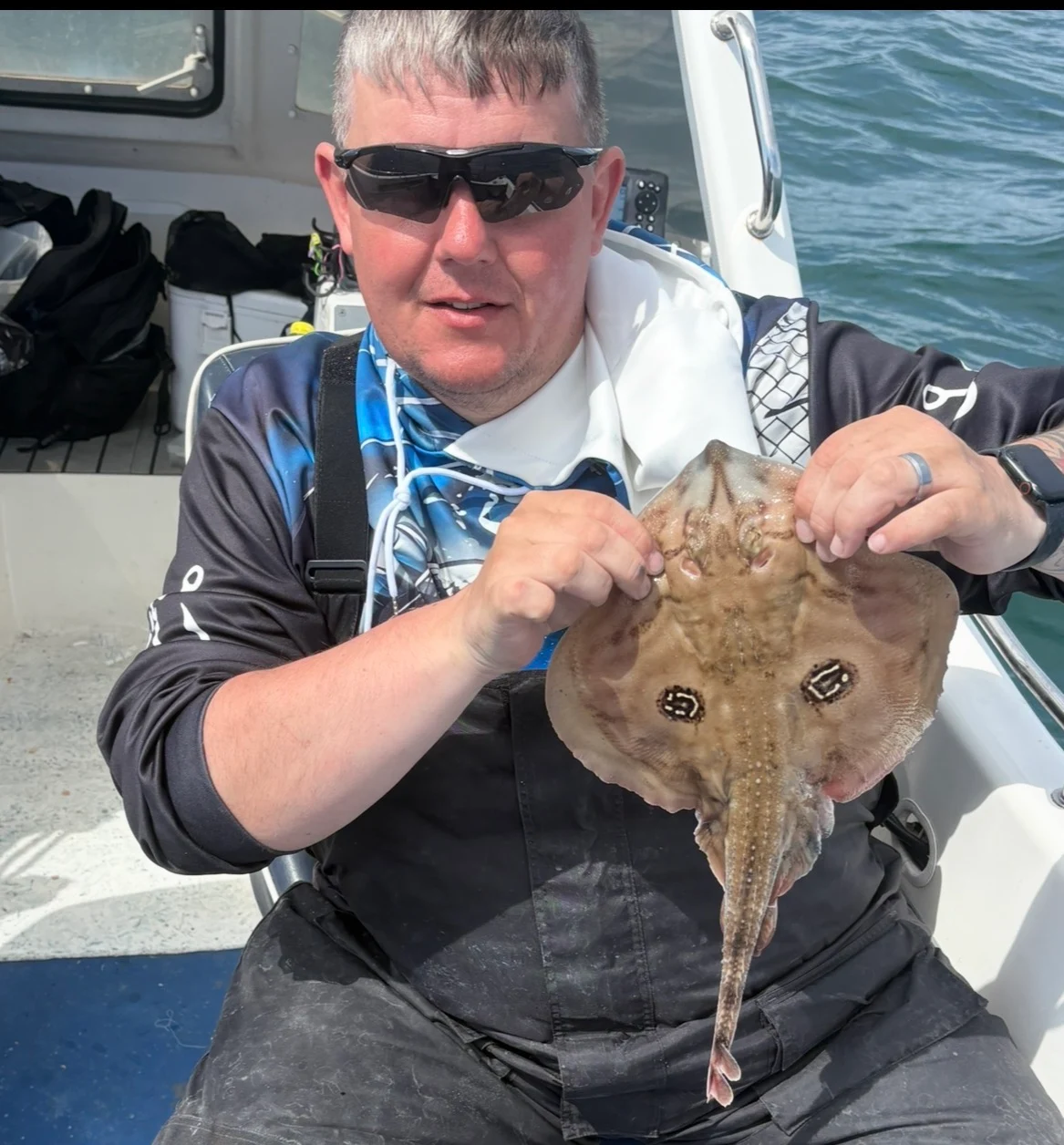 John Heenan with a Cuckoo Ray caught on crab bait at the MOGSAF Tope Event