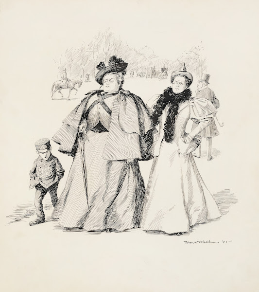 Two stern women walking in a park with a young talkative boy 1896