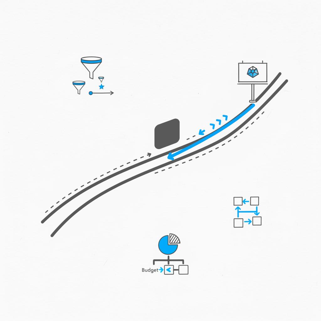 Vector top-down sketch map showing main road, commuter route, shop marker and a highlighted billboard-to-store path to illustrate billboard ROI