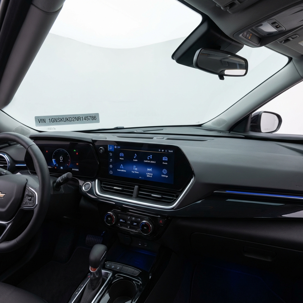 Close interior view of chevrolet trax car dashboard and infotainment with clear readable VIN plate minimalist CarFax Deals style white background