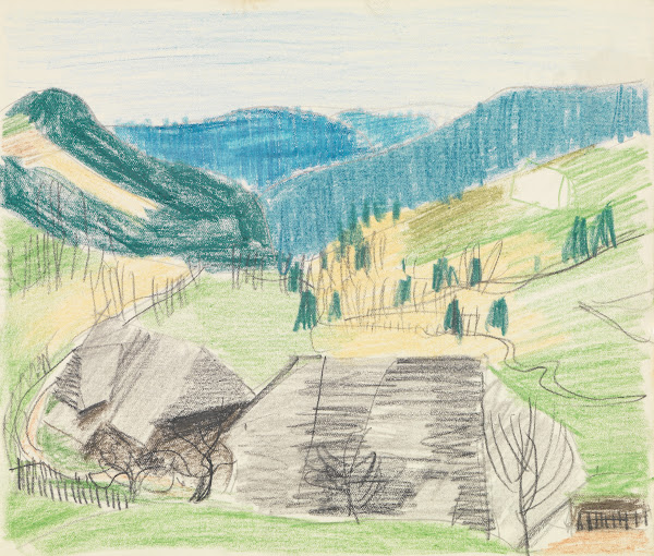 Höll Sommerlandschaft mit zwei Schwarzwaldhäusern vorn