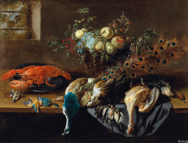 A Peacock Fruit Boiled Lobster And A Prey Of Birds