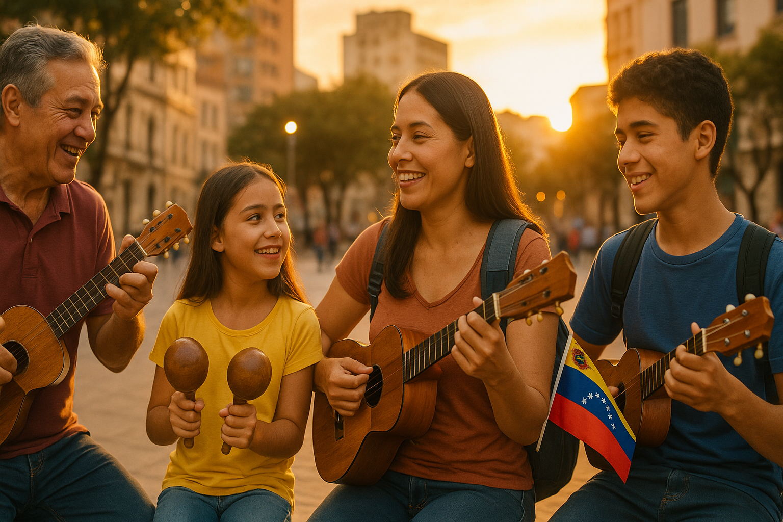 Venezolanos tocando cuatro en una plaza, familias reunidas con banderas