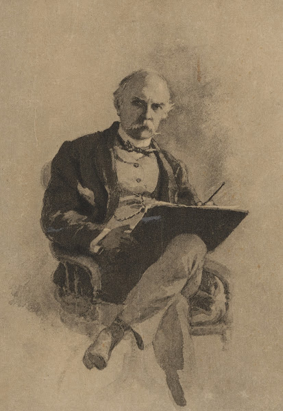 Seated man with white mustache writing or painting item on his lap