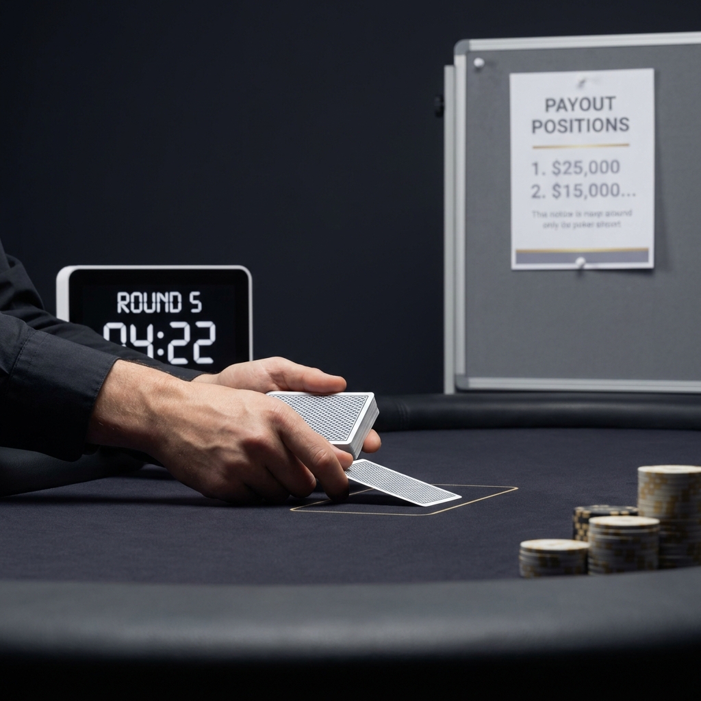 Close up of dealer hands dealing cards under a tournament clock with a pinned bulletin showing payout positions illustrating How Cut Rules Affect Tournament Strategy in a minimalist Funded Plays aesthetic