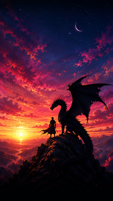 Silhouette of Dragon and Boy on Cliff at Dramatic Sunset - Free mobile Wallpaper