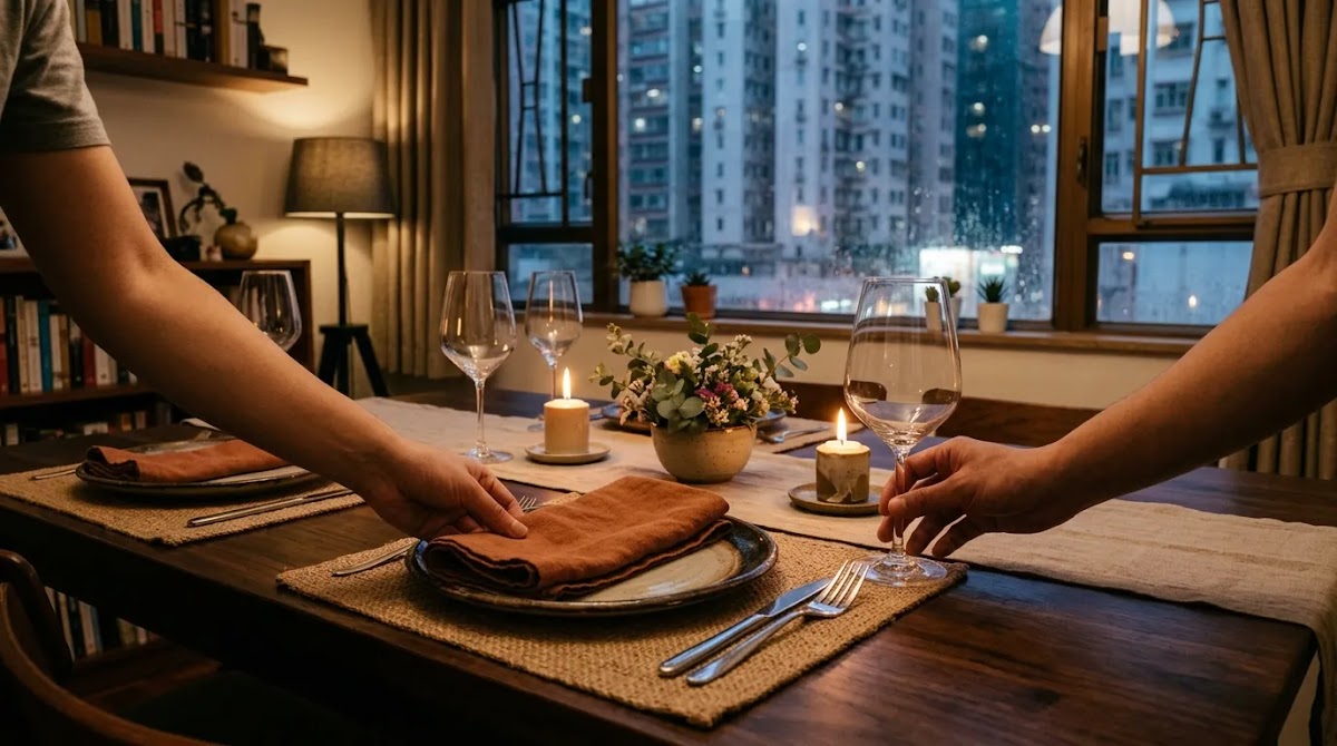 Affordable Malbec HK dinner occasion with a refined warm table setting and empty wine glasses