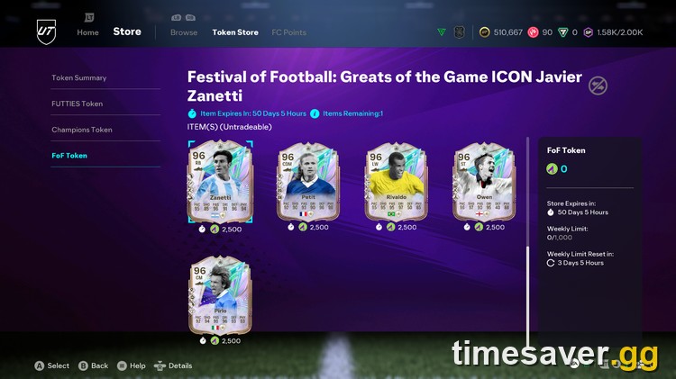 EA FC 26 Token Store interface showing player items, token costs and the weekly limit panel