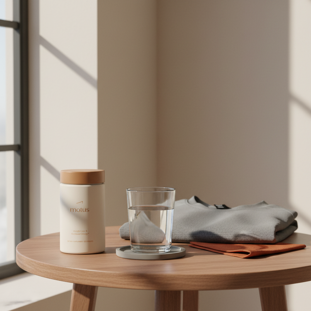 Minimal sunlit morning scene with Motus supplement jar beside a glass of water and folded workout shirt on a wooden table by a window, highlighting weight loss pills.