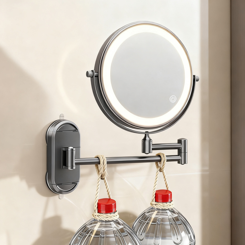 Cosmetic mirror with LED light and suction cup