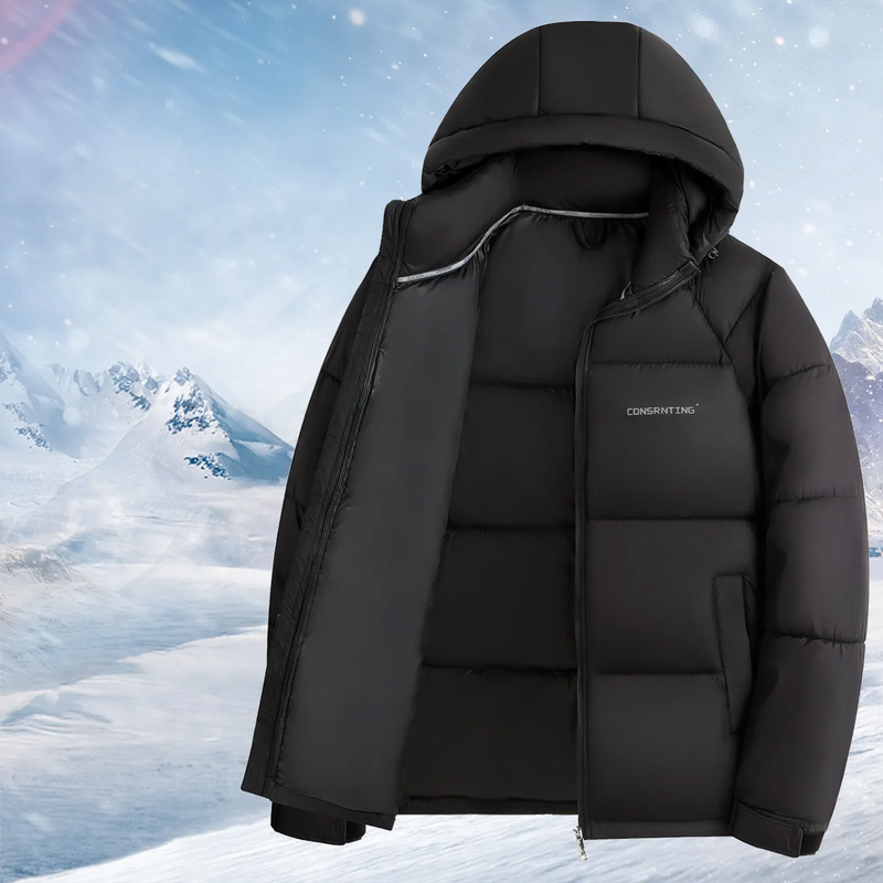 Padded men's jacket, short, with stand-up collar