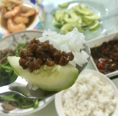 Mắm ruốc xào thịt bằm ăn kèm với cơm nóng rất ngon. Nếu nhà có trẻ nhỏ bạn nên cho ớt ra chén riêng nhé. Sẽ ngon hơn rất nhiều nếu ăn với dưa chuột đấy.