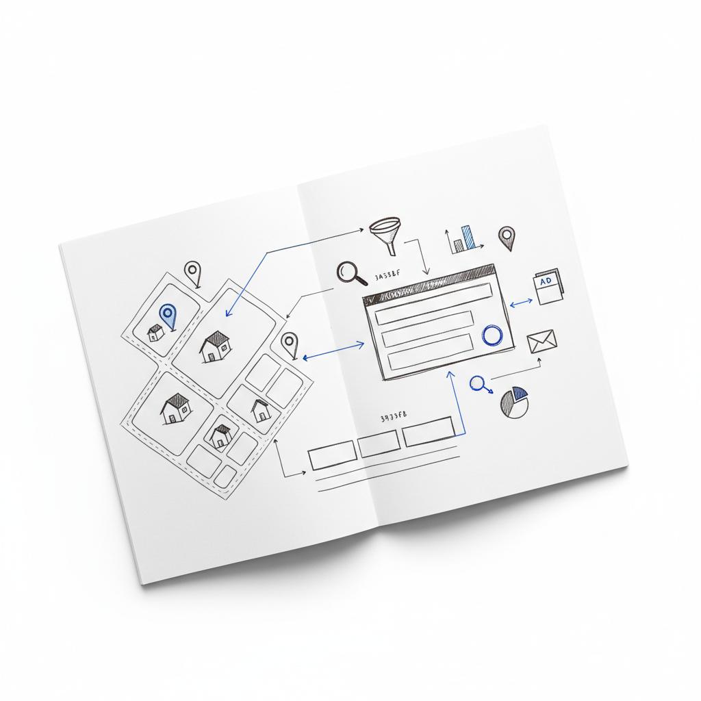 Sketchbook spread showing a local real estate marketing funnel with neighborhood map icons, arrows to a valuation-form wireframe, and budget allocation doodles &mdash; Google Ads for realtors