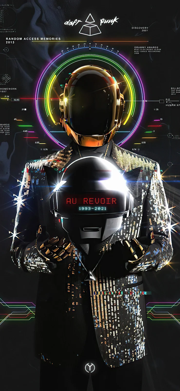 Daft Punk Au Revoir Tribute - Neon Digital Art 2K iPhone Wallpaper (1772x3839)
