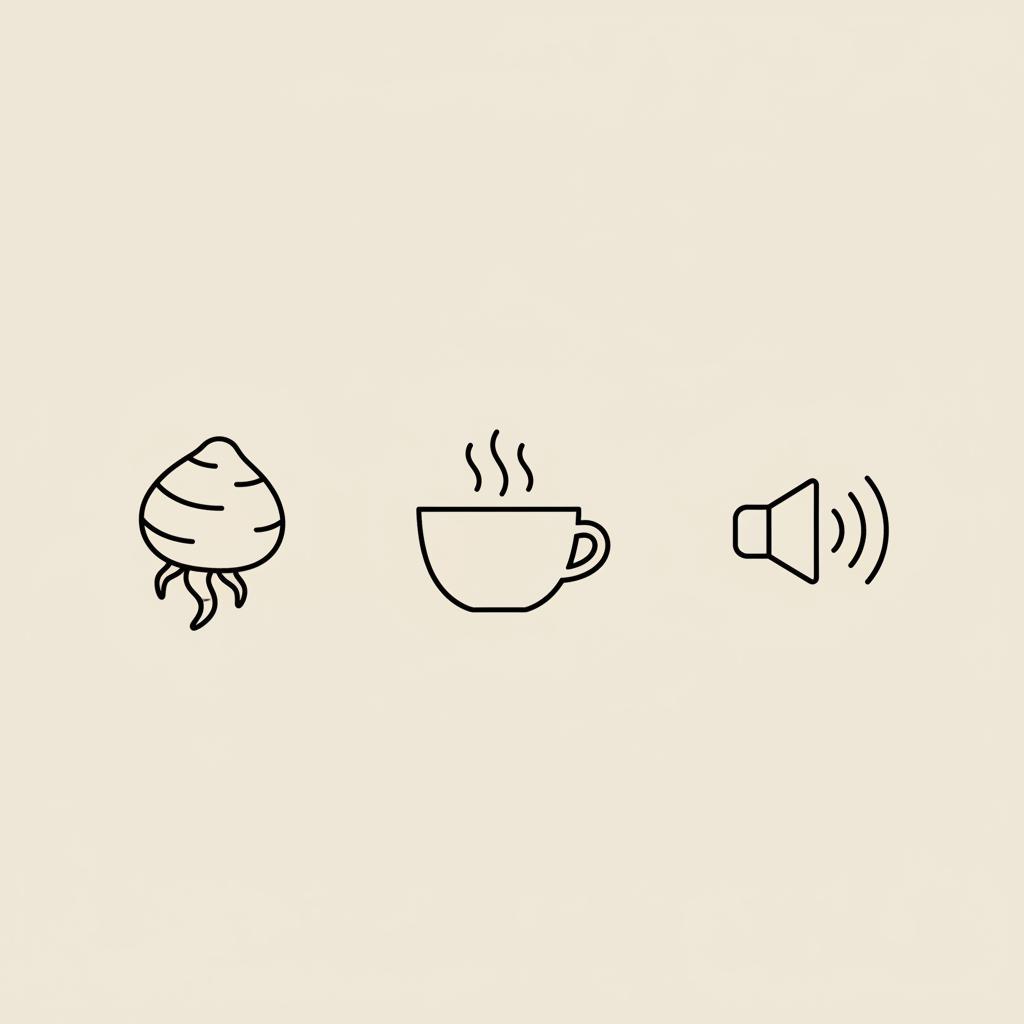 Minimal Tonum-style line illustration of konjac appetite suppressant plant with a steaming teacup and speaker emitting sound waves on beige background.