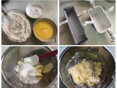 Trộn đều bột mỳ đa dụng cùng bột nở ra âu sau đó dùng rây, rây mịn hỗn hợp. Trong một bát nhỏ, đập trứng vào khuấy tan. Tiếp đến chuẩn bị sẵn khuôn nướng đã lót sẵn giấy nến. Trong một âu lớn, cho bơ nhạt cùng đường xay vào trộn nhẹ bằng phới dẹt.