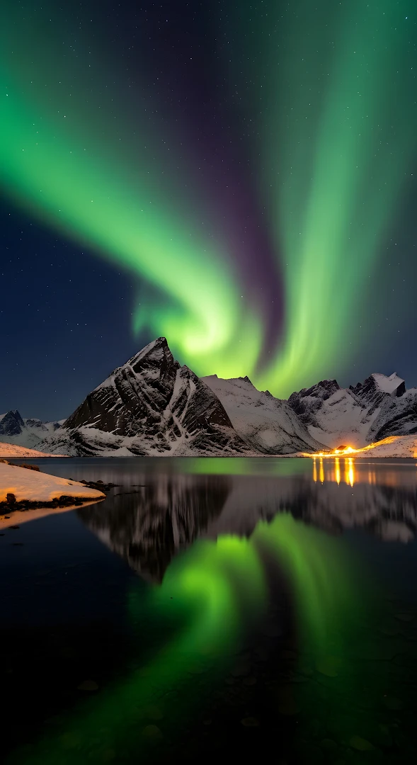 Vibrant Aurora Borealis Reflected Over Snowy Fjord Night