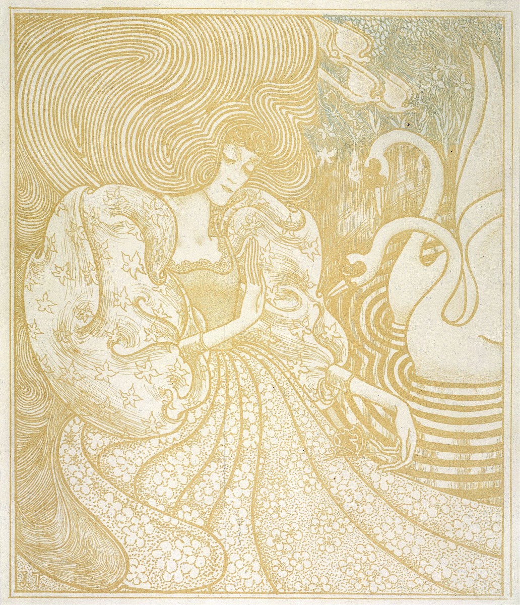 Vrouw met vlinder bij een vijver met twee zwanen 1894