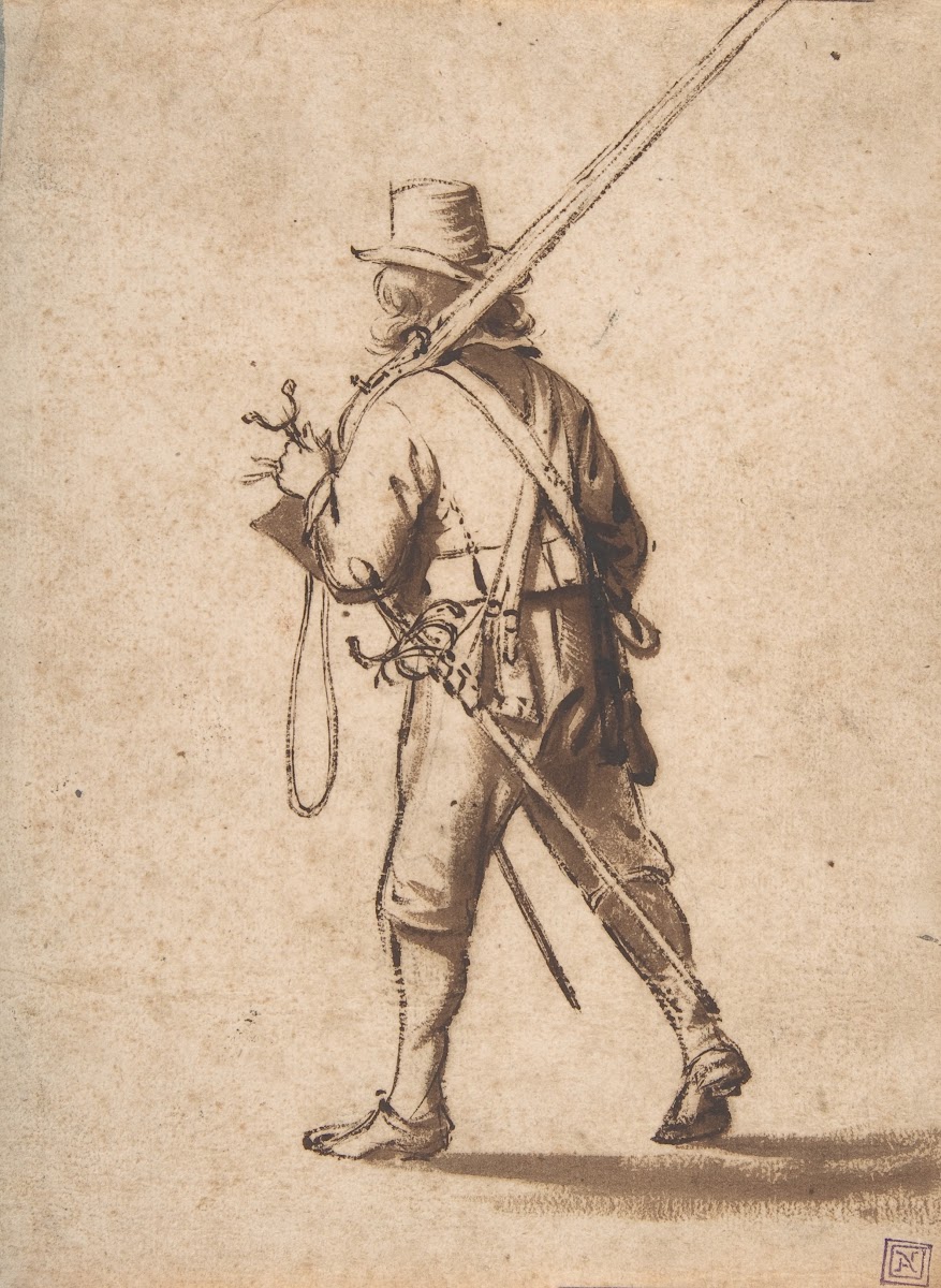 A Walking Musketeer seen from behind 17th century