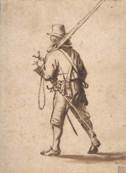 A Walking Musketeer seen from behind 17th century