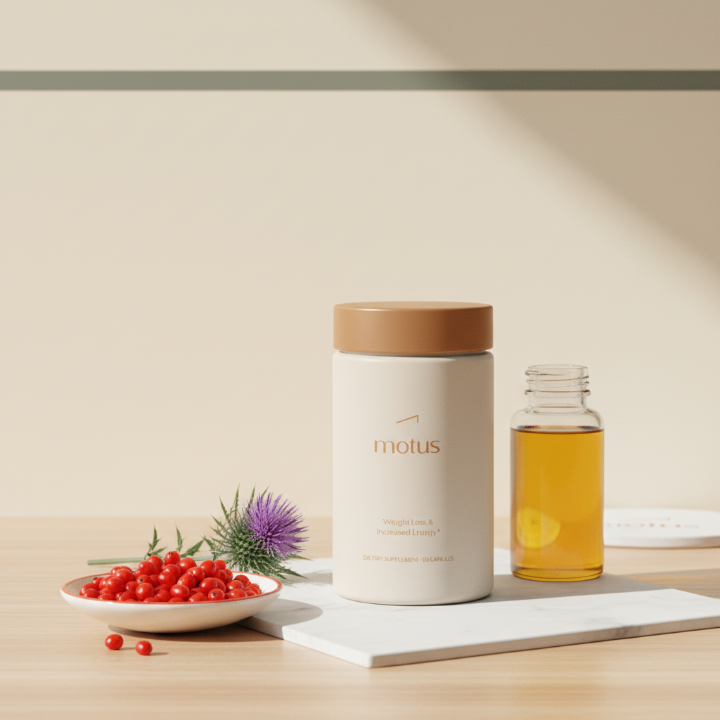 Minimalist full-frame photo of the Motus supplement jar on a light wooden counter with barberry berries, fish oil capsules bottle, and milk thistle, illustrating hormone supplement helps with weight loss.