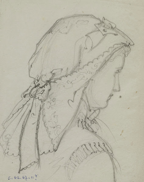 Tête féminine de dos avec coiffe de dentelle nouée sur la nuque 1872