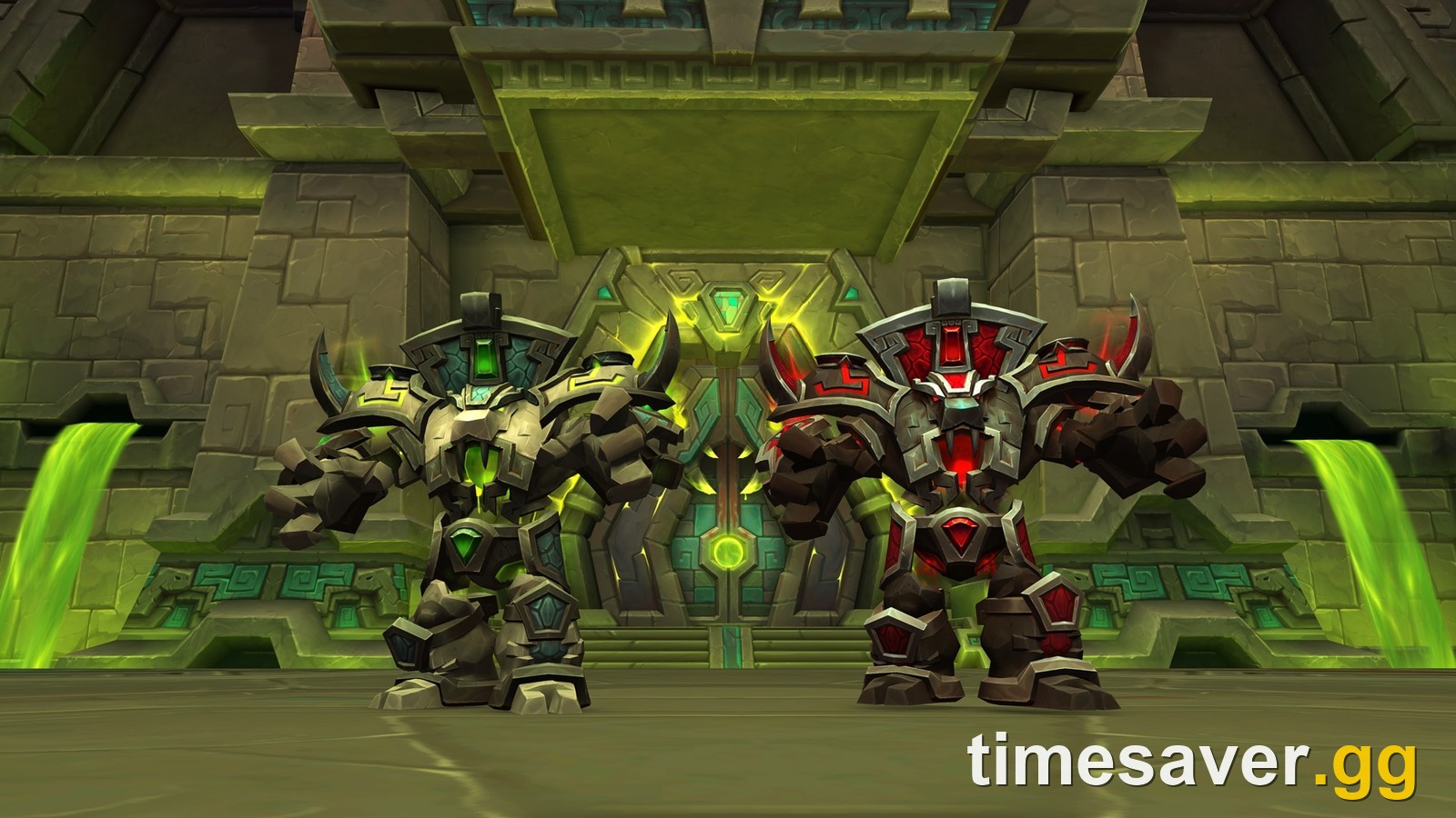 The Entombed Sentinels, a green and a red venom golem guarding the vault doors in The Venomous Abyss raid