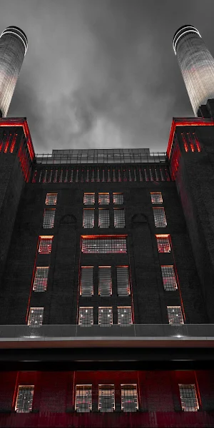 Battersea Power Station, London Architecture, Red Lighting, Industrial Landmark 4K Wallpaper Background