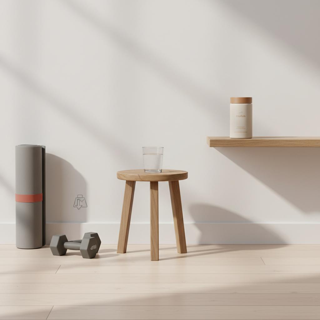 Minimal home workout station with yoga mat, dumbbells, wooden stool and a Motus supplement on a shelf — visual for how to boost metabolism naturally