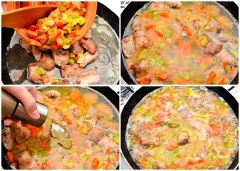 Sau đó, bạn cho thịt và rau củ đã xào trước đó vào chảo, thêm nước vào chảo, đủ ngập hết rau củ và thịt. Thêm gia vị như muối, hạt tiêu, hạt nêm vào chảo, sau đó tăng nhiệt độ để món hầm sôi lên.