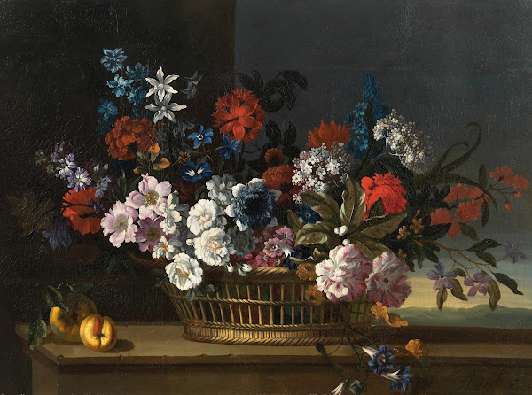 Mixed flowers in a basket beside peaches on a table a landscape beyond 1715