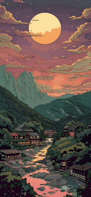 Lofi Japanese Valley Sunset Illustration with Full Moon - Free mobile Wallpaper
