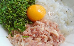 Cho cá ngần, thịt heo bằm, trứng gà, hành tím băm, rau răm, thì là, lá lốt, ớt, 1 muỗng cà phê hạt nêm, 1/2 muỗng cà phê tiêu vào 1 cái tô, trộn đều cho tất cả hòa quyện vào nhau.