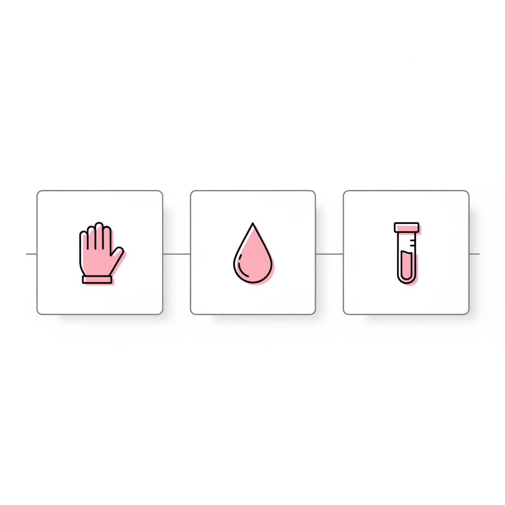 Minimalistische 2D-Infografik zu brüchige Nägel mit drei horizontalen Symbolen (Handschuh, Öl-Tropfen, Bluttest-Vial) auf weißem Hintergrund mit #f57fb6 Akzent.