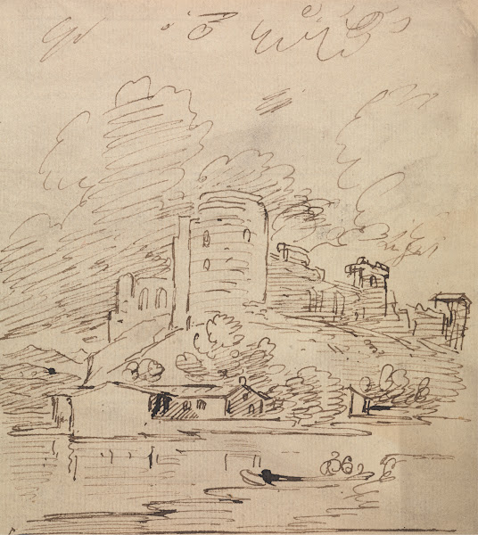 Castle with a Round Tower Above a River