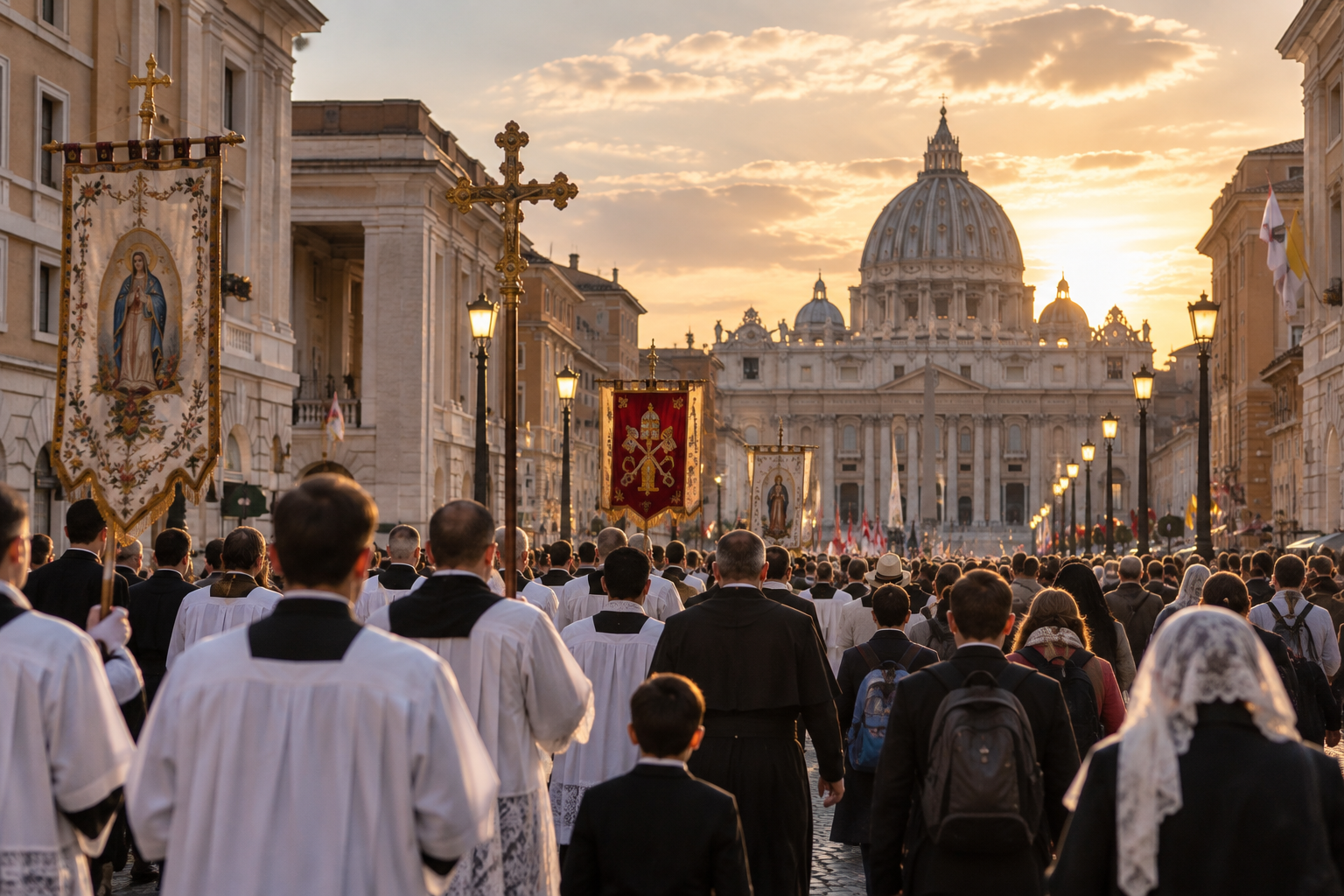 Peregrinos ligados à liturgia tradicional caminham em direção à Basílica de São Pedro, em reconstrução editorial realista.