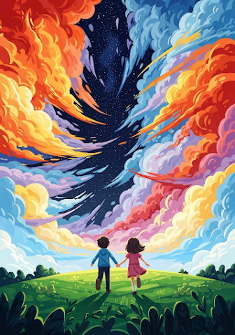 Children Running into Colorful Cosmic Cloud Sky Art